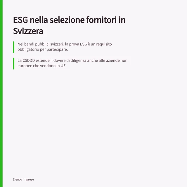 ESG nella selezione fornitori in Svizzera: Nei bandi pubblici svizzeri, la prova ESG è un requisito obbligatorio per partecipare.; La CSDDD estende il dovere di diligenza anche alle aziende non europee che vendono in UE.; esg2go offre un sistema di rating con benchmark settoriali e verifica da auditor qualificati. Criteri ESG nella selezione dei fornitori in Svizzera