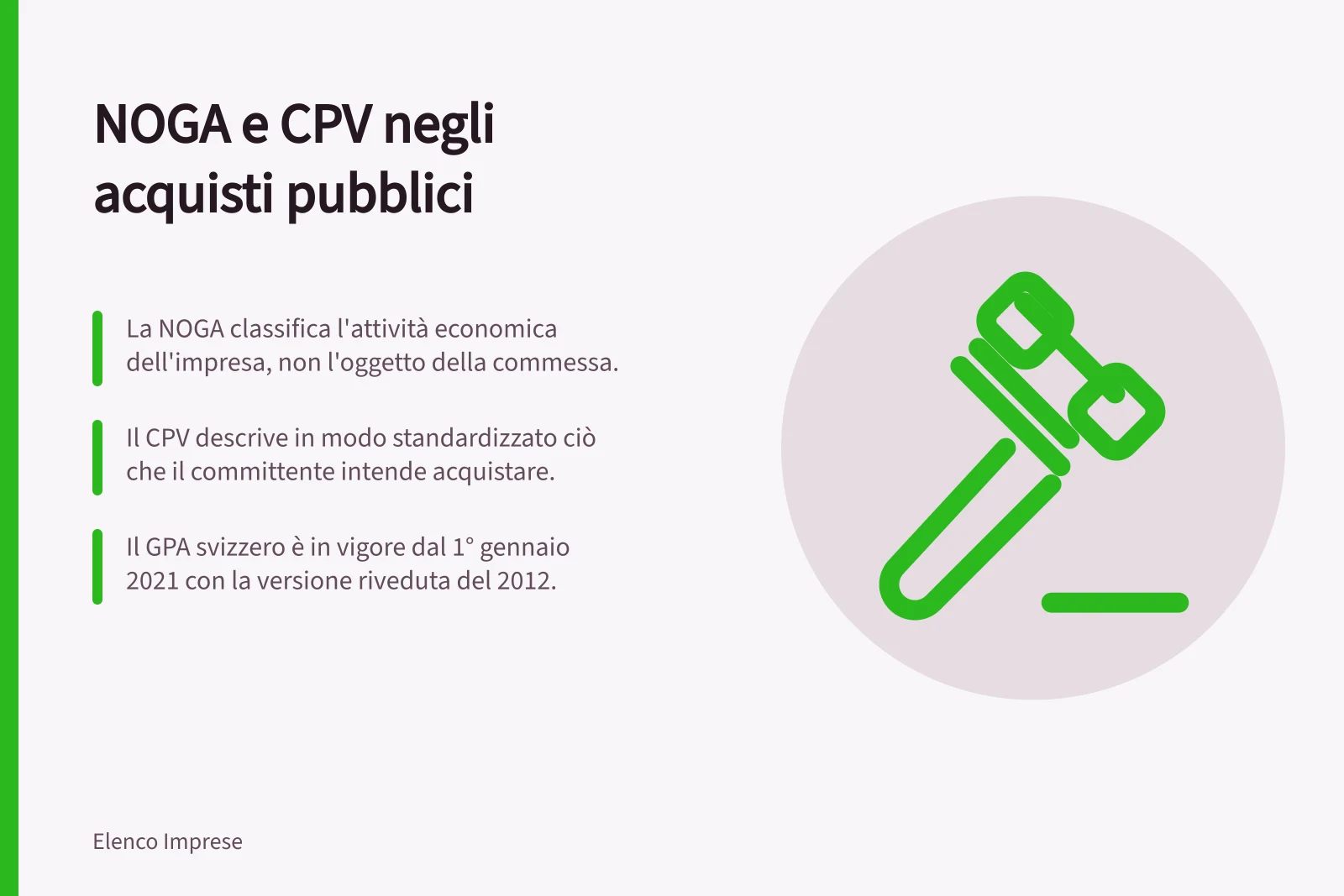 NOGA e CPV negli acquisti pubblici: La NOGA classifica l'attività economica dell'impresa, non l'oggetto della commessa.; Il CPV descrive in modo standardizzato ciò che il committente intende acquistare.; Il GPA svizzero è in vigore dal 1° gennaio 2021 con la versione riveduta del 2012.