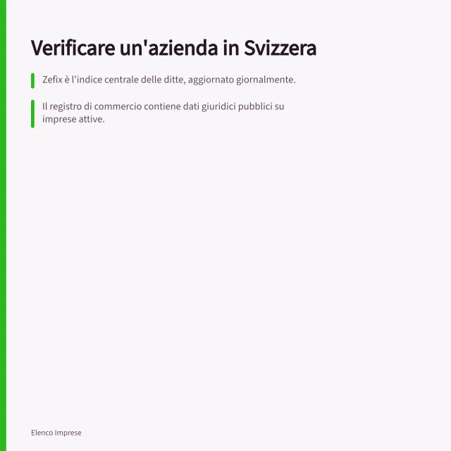 Verificare un'azienda in Svizzera: Zefix è l'indice centrale delle ditte, aggiornato giornalmente.; Il registro di commercio contiene dati giuridici pubblici su imprese attive.; I poteri di firma si verificano nel registro principale con funzione e diritto di firma. Registro di commercio e Zefix: come consultarli per verificare un'azienda
