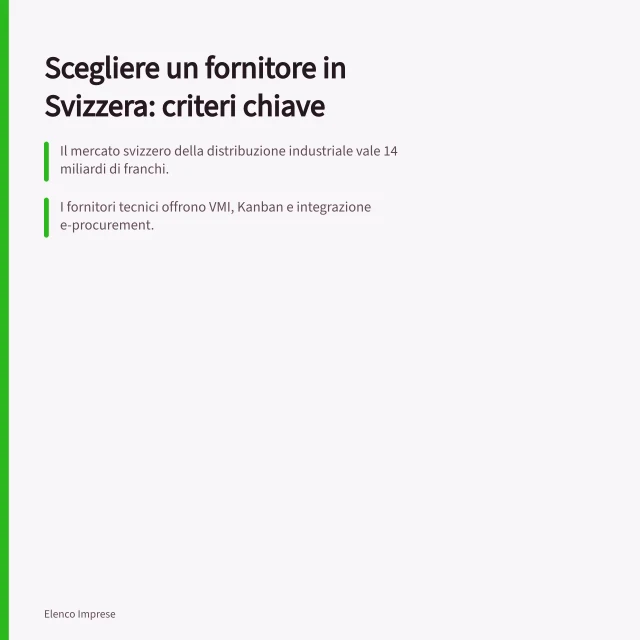 Scegliere un fornitore in Svizzera: criteri chiave: Il mercato svizzero della distribuzione industriale vale 14 miliardi di franchi.; I fornitori tecnici offrono VMI, Kanban e integrazione e-procurement.; La legge svizzera e il GDPR regolano il trattamento dei dati digitali. Scegliere un fornitore in Svizzera: criteri, verifiche e documenti contrattuali