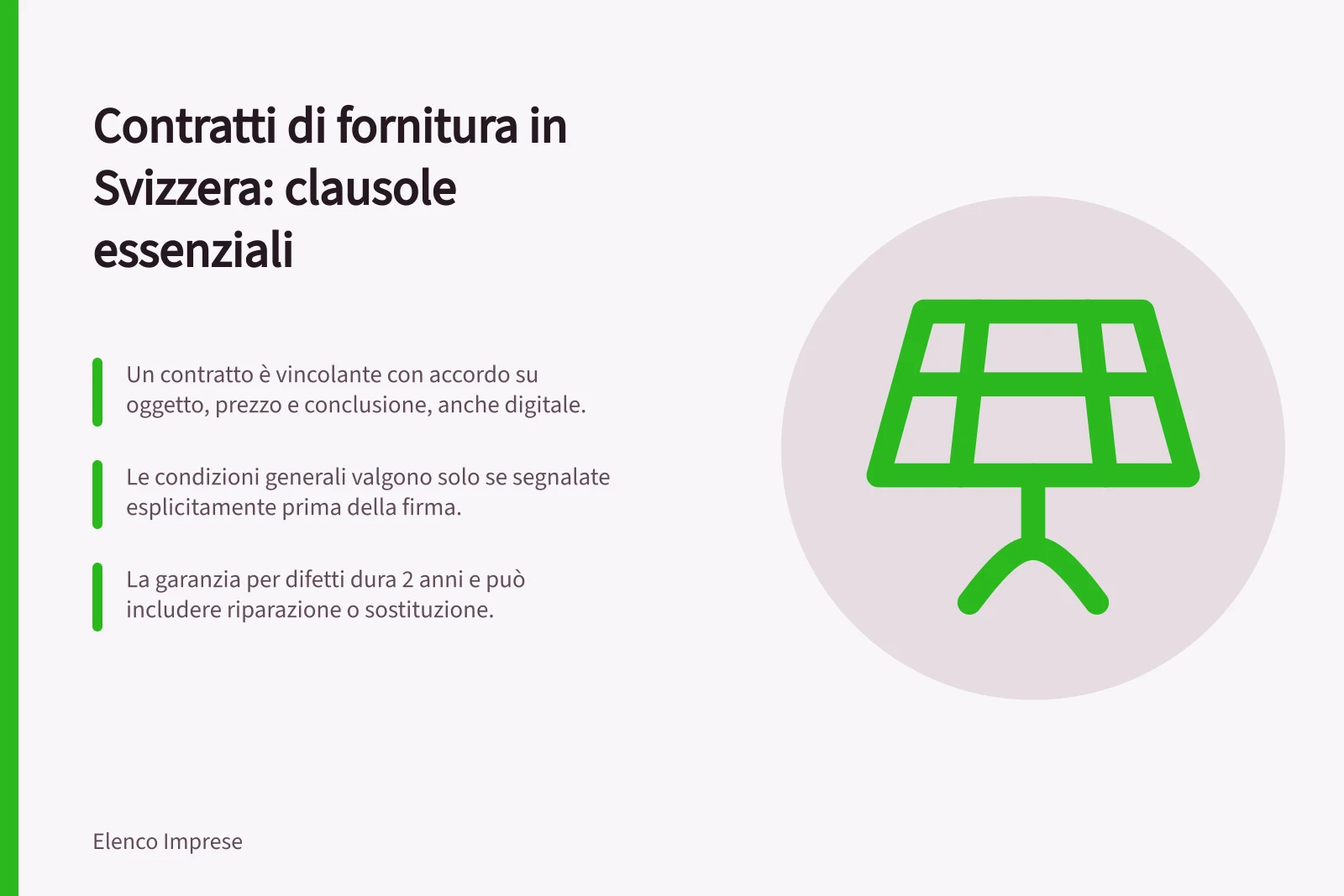 Contratti di fornitura in Svizzera: clausole essenziali: Un contratto è vincolante con accordo su oggetto, prezzo e conclusione, anche digitale.; Le condizioni generali valgono solo se segnalate esplicitamente prima della firma.; La garanzia per difetti dura 2 anni e può includere riparazione o sostituzione.