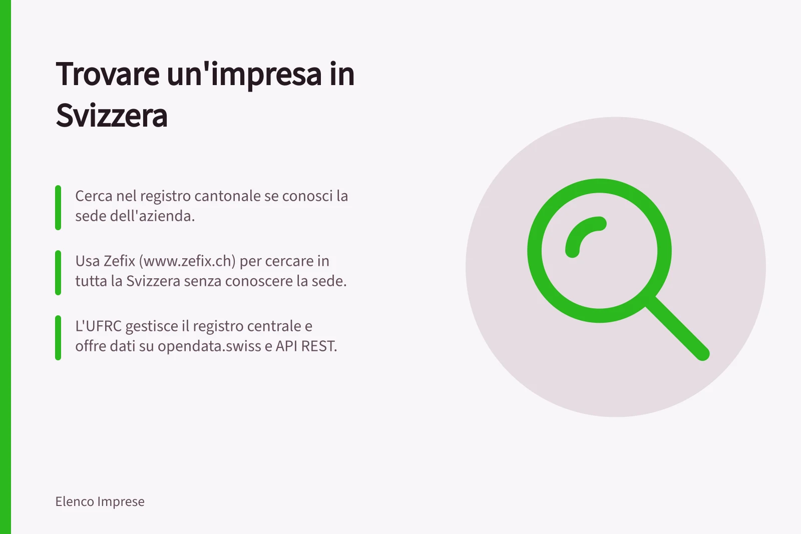 Trovare un'impresa in Svizzera: Zefix (www.zefix.ch) cerca ditte in tutta la Svizzera; I registri cantonali sono accessibili solo per sede precisa; L'UFRC gestisce il registro centrale e il numero IDI