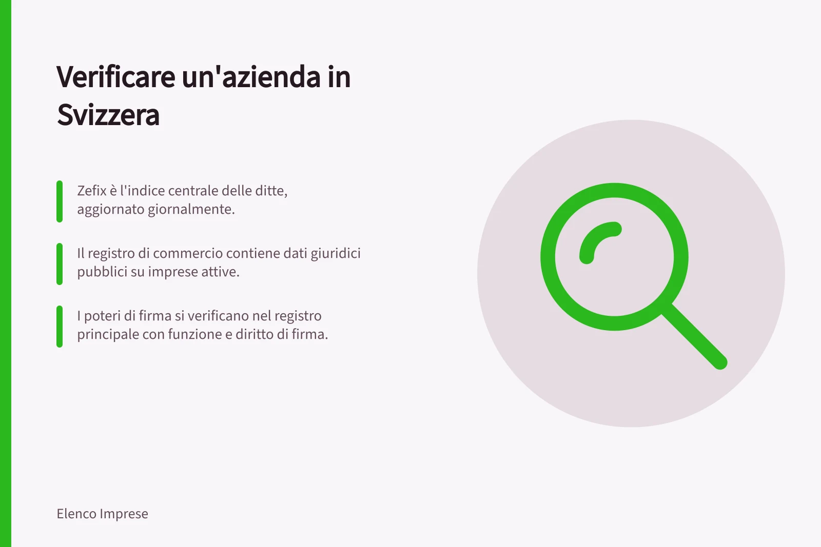 Verificare un'azienda in Svizzera: Zefix è l'indice centrale delle ditte, aggiornato giornalmente.; Il registro di commercio contiene dati giuridici pubblici su imprese attive.; I poteri di firma si verificano nel registro principale con funzione e diritto di firma.
