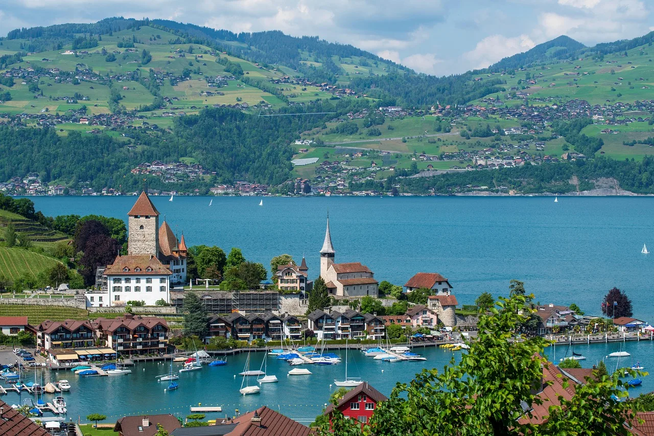 switzerland, spiez, nature, town, lake, canton of bern, port, boats, landscape, sunny, harbor