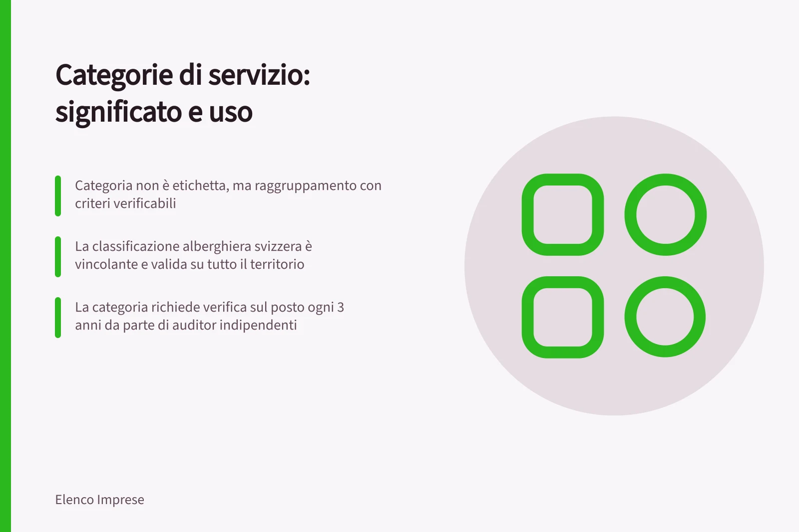 Categorie di servizio: significato e uso: Categoria non è etichetta, ma raggruppamento con criteri verificabili; La classificazione alberghiera svizzera ha validità triennale e richiede audit in loco; Criteri minimi obbligatori + opzionali a punti per definire la categoria