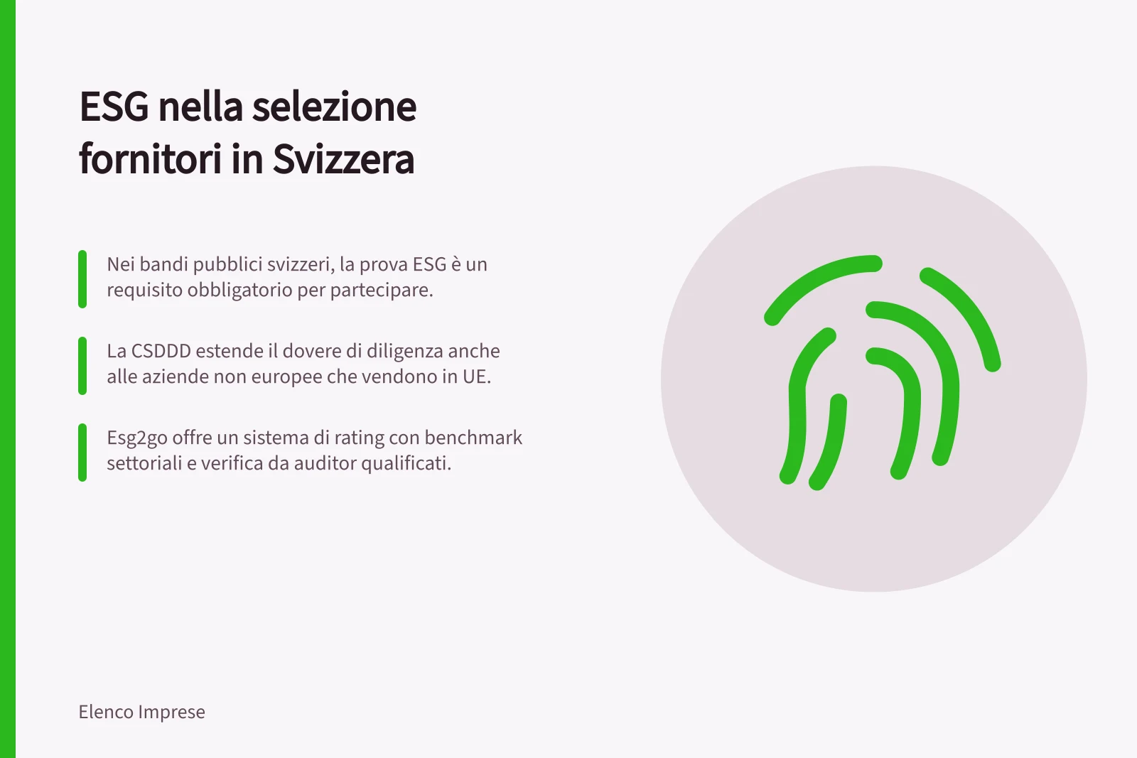 ESG nella selezione fornitori in Svizzera: Nei bandi pubblici svizzeri, la prova ESG è un requisito obbligatorio per partecipare.; La CSDDD estende il dovere di diligenza anche alle aziende non europee che vendono in UE.; esg2go offre un sistema di rating con benchmark settoriali e verifica da auditor qualificati.