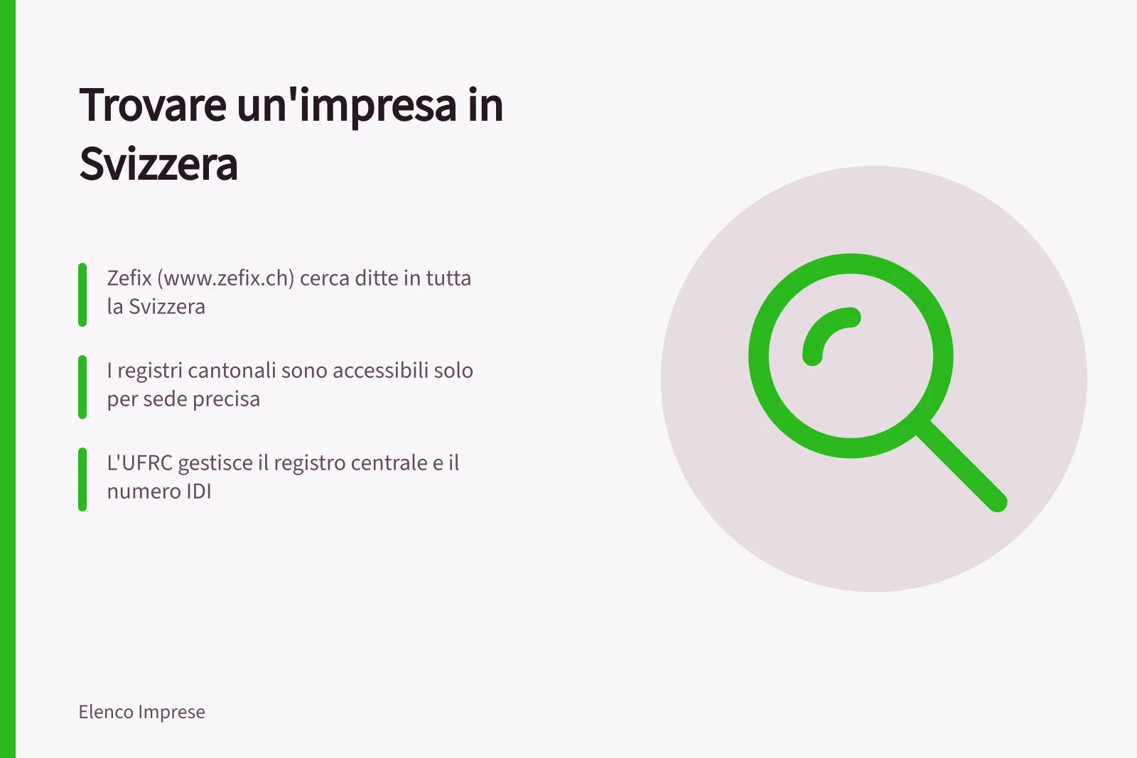 Trovare un'impresa in Svizzera: Zefix (www.zefix.ch) cerca ditte in tutta la Svizzera; I registri cantonali sono accessibili solo per sede precisa; L'UFRC gestisce il registro centrale e il numero IDI